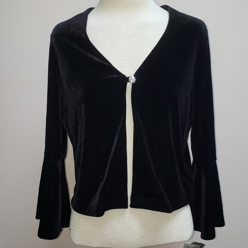NWT RN Studio by Ronnie Nicole Black Velvet Bell Sleeve Shrug, Size Medium